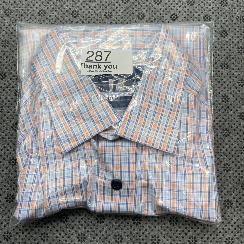 David Donahue Performance Trim Fit Dress Shirt Mens 16.5 36/37 Blue Orange Plaid - Picture 10 of 10